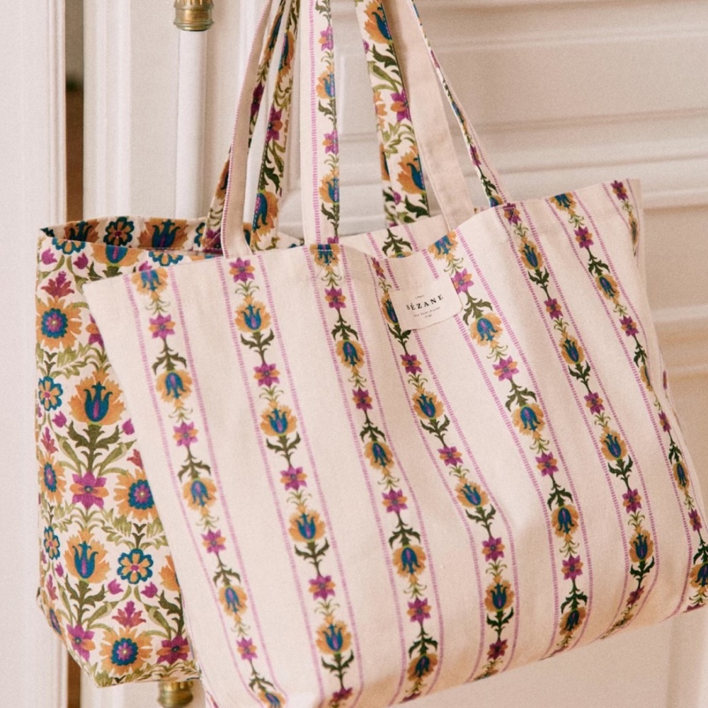 Sézane Floral Stripes Cotton Tote Bag